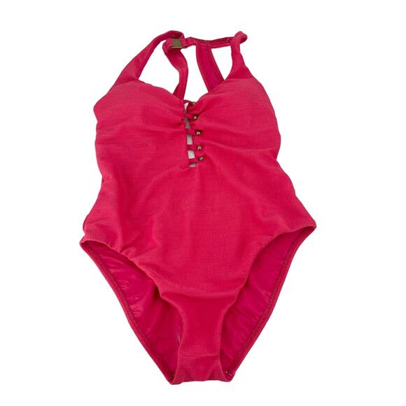 NANETTE LEPORE Raffia Mermaid One Piece Swimsuit Bright Pink Cut Out Size 10 NEW - Picture 2 of 4